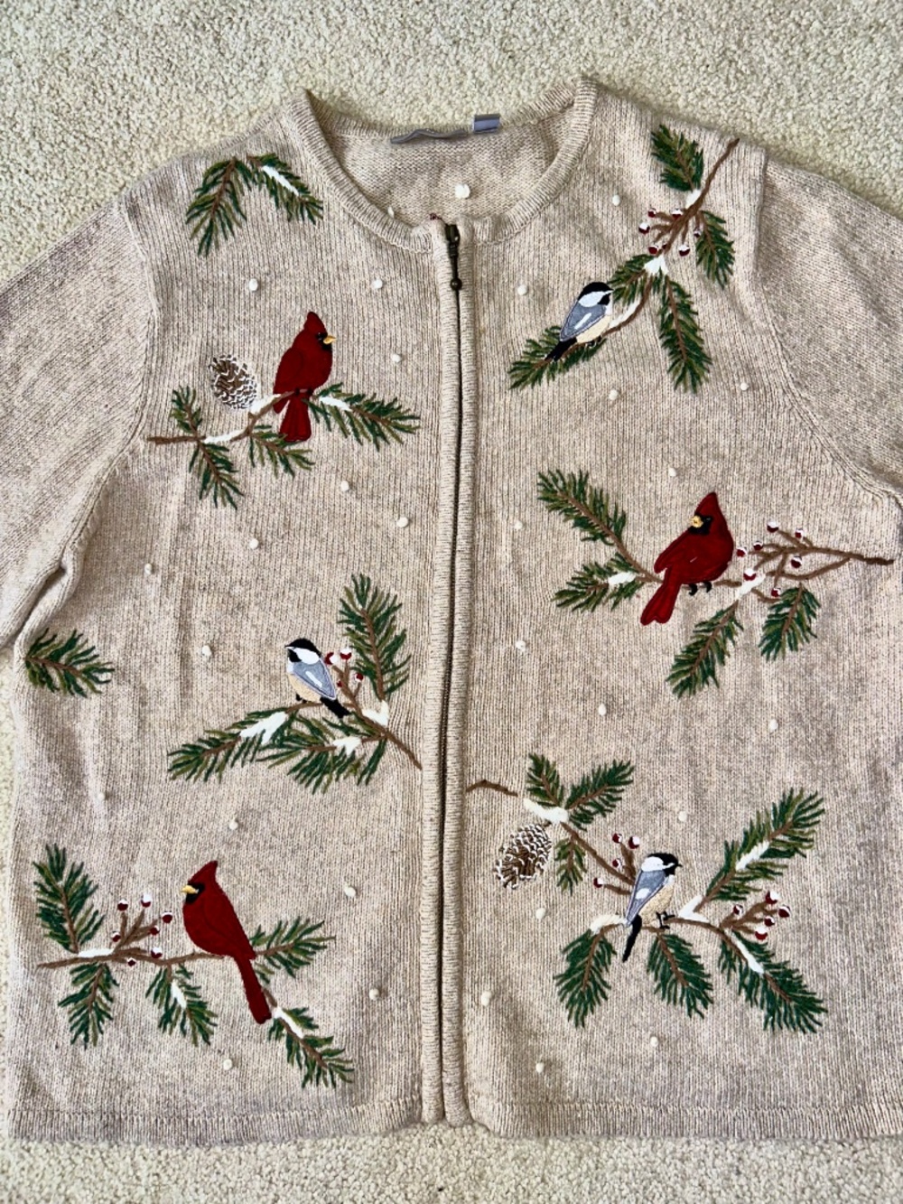 croft & barrow winter birds zip cardigan L